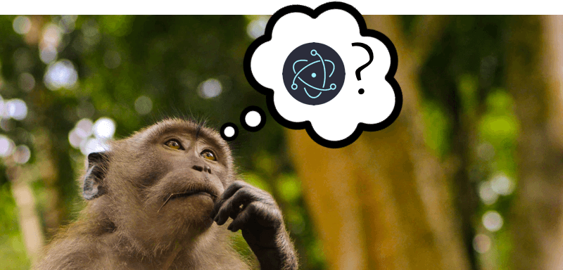 A monkey in a thoughtful pose with a thought bubble above it that contains the Electron.js logo and a question mark