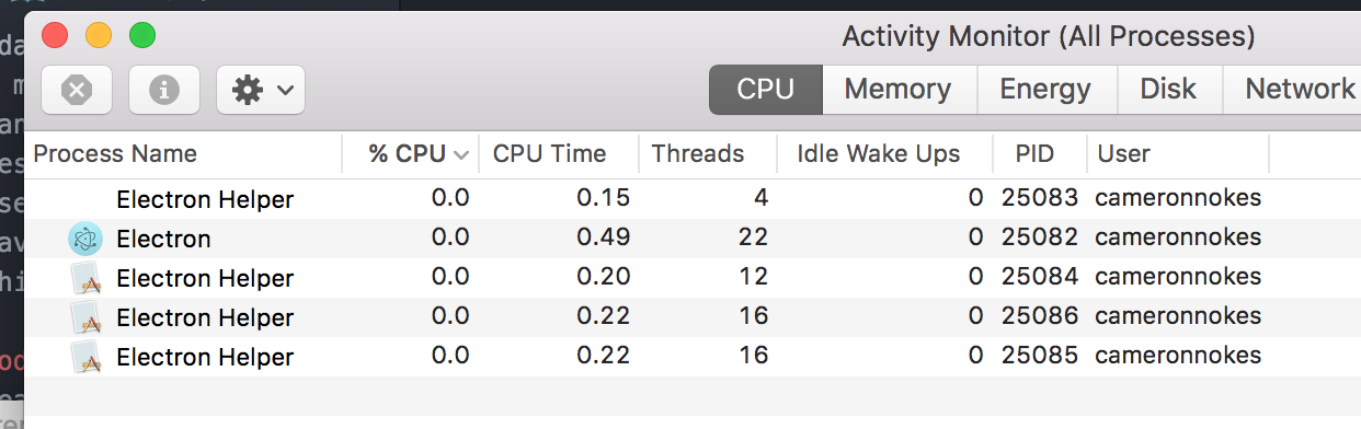 “Electron” is the main process, one “Electron Helper” is a GPU process, and the other “Electron Helpers” are renderer processes.